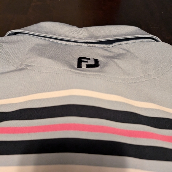 FootJoy Mens L Polo/Golf Shirt. Blueish Grey w/Pink/Navy/White Stripes - Picture 3 of 6
